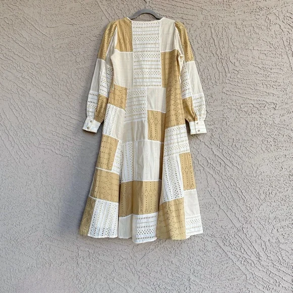 SEZANE Beige Cream Patchwork Eyelet Button Down Midi Dress Matissa Shirt Dress